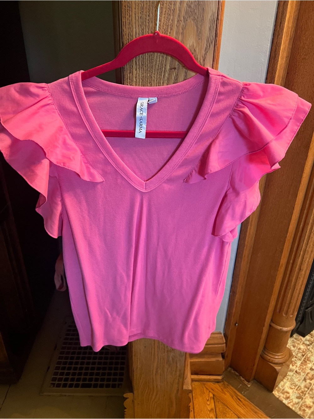 Pink V‑Neck Ruffle Sleeve Blouse